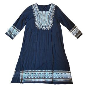 Ashro Black Gold Tribal Cotton Flax Dashiki Midi Dress Long Sleeve Pockets XL